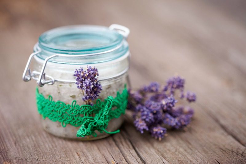 Handmade DIY natural sugar body scrub with lavender and coconut oil