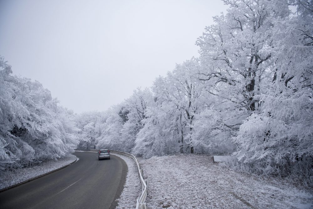 Pécs, 2016. december 23. Egy autó halad zúzmarás fák között a Mecsekben Pécs közelében 2016. december 23-án. MTI Fotó: Sóki Tamás